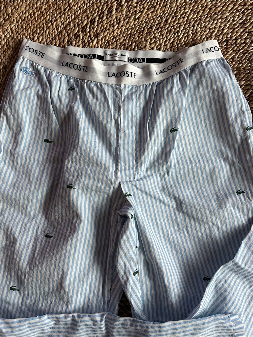 Lacoste size 6 Light Blue & White Striped pajama pants with Green Croc logos - Picture 4 of 7